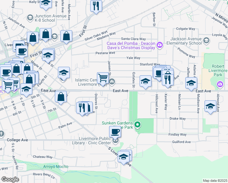 map of restaurants, bars, coffee shops, grocery stores, and more near 4072 East Avenue in Livermore