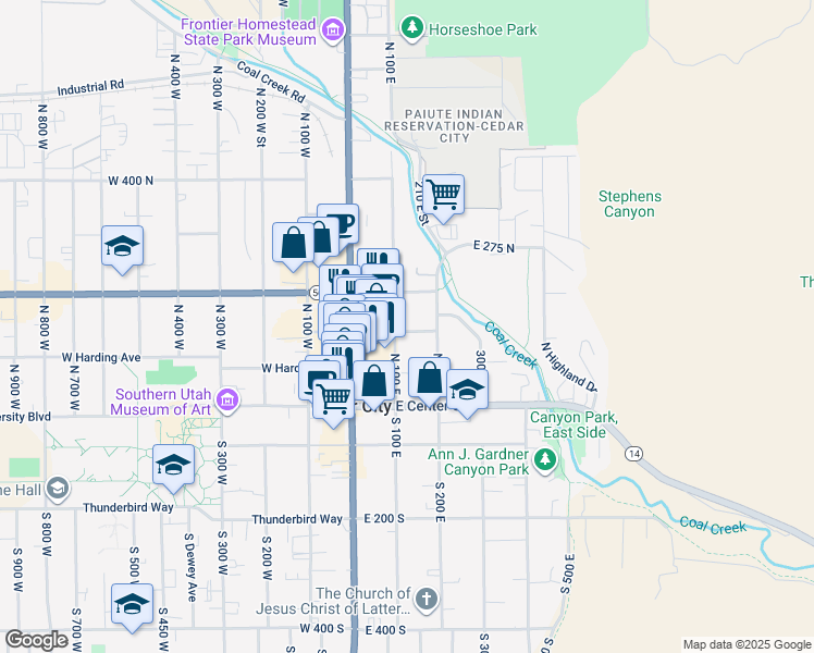 map of restaurants, bars, coffee shops, grocery stores, and more near 144 North 100 East in Cedar City