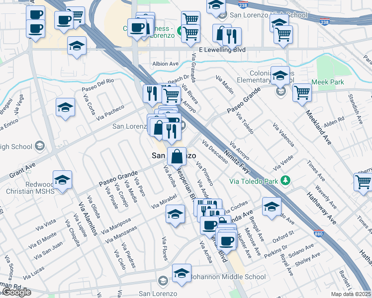 map of restaurants, bars, coffee shops, grocery stores, and more near 395 Paseo Grande in San Lorenzo