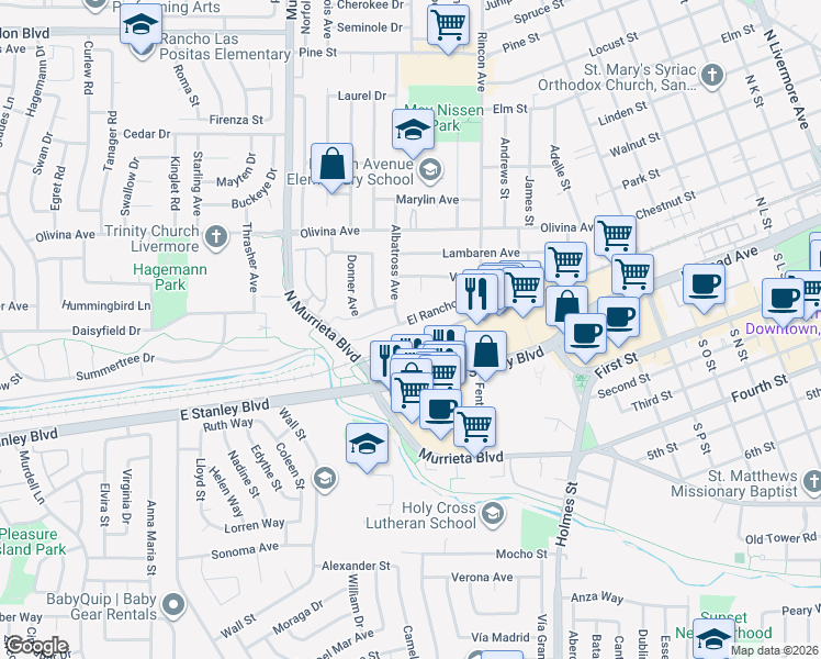 map of restaurants, bars, coffee shops, grocery stores, and more near 821 El Rancho Drive in Livermore