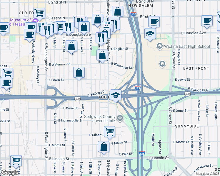map of restaurants, bars, coffee shops, grocery stores, and more near 418 South Hydraulic Avenue in Wichita