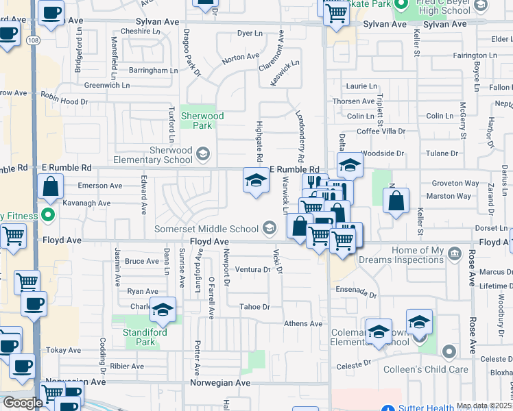 map of restaurants, bars, coffee shops, grocery stores, and more near 1037 Floyd Avenue in Modesto