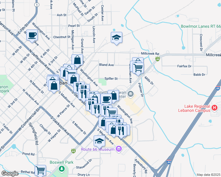 map of restaurants, bars, coffee shops, grocery stores, and more near 359 Oak Street in Lebanon