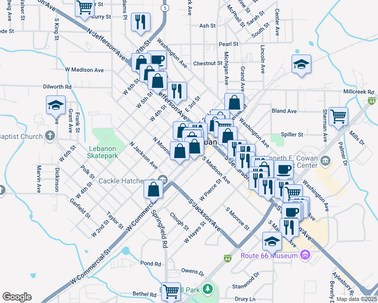 map of restaurants, bars, coffee shops, grocery stores, and more near 105 North Madison Avenue in Lebanon