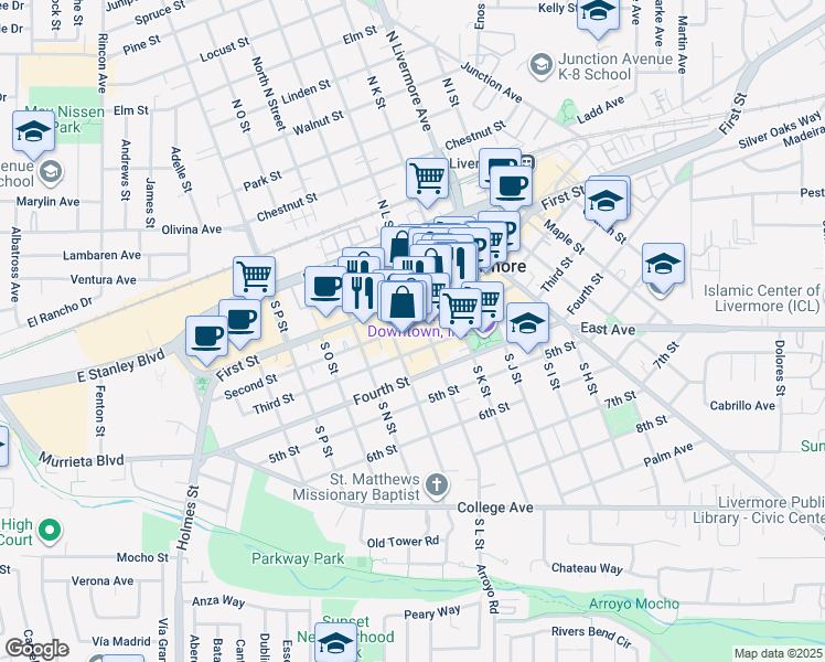 map of restaurants, bars, coffee shops, grocery stores, and more near 1959 Second Street in Livermore