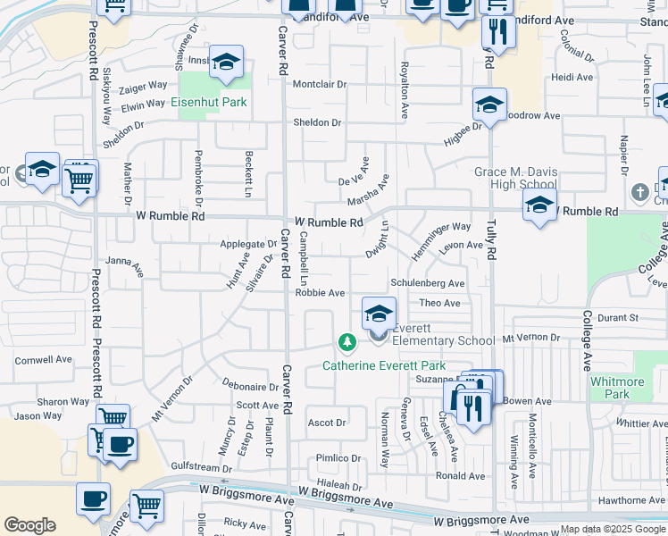 map of restaurants, bars, coffee shops, grocery stores, and more near 1613 Brentwood Court in Modesto