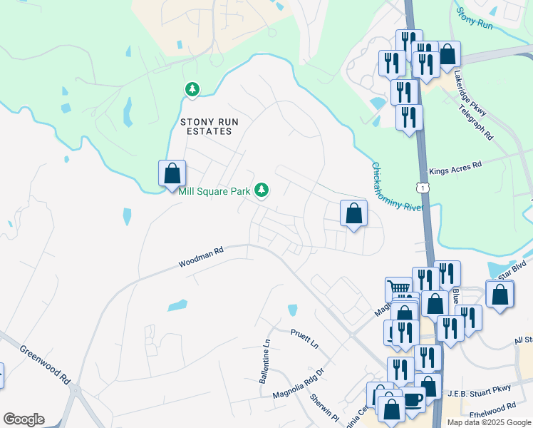 map of restaurants, bars, coffee shops, grocery stores, and more near 10814 Porter Park Lane in Glen Allen