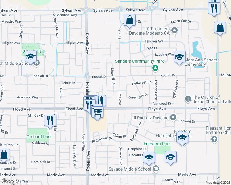 map of restaurants, bars, coffee shops, grocery stores, and more near 2716 Mars Hills Street in Modesto