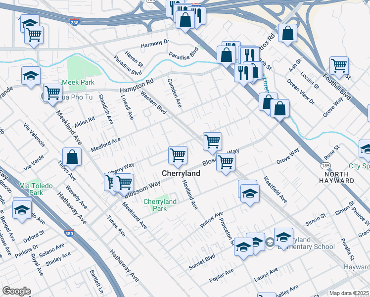 map of restaurants, bars, coffee shops, grocery stores, and more near 535 Cherry Way in Hayward