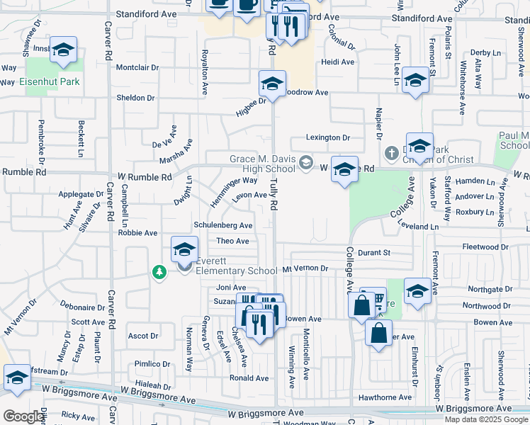 map of restaurants, bars, coffee shops, grocery stores, and more near 2801 Tully Road in Modesto