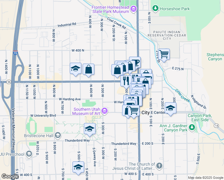 map of restaurants, bars, coffee shops, grocery stores, and more near 151 North 200 West Street in Cedar City