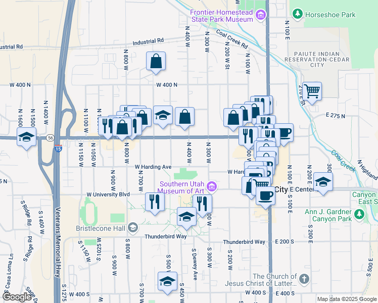 map of restaurants, bars, coffee shops, grocery stores, and more near 152 North 400 West in Cedar City