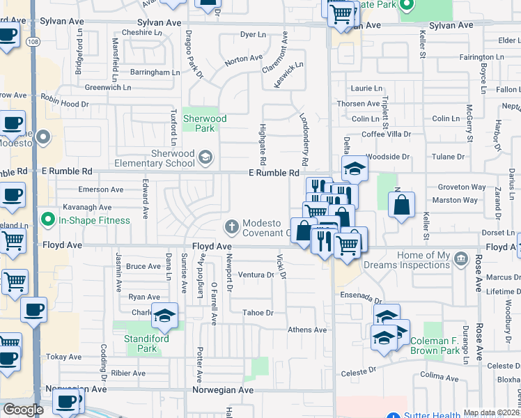 map of restaurants, bars, coffee shops, grocery stores, and more near 1037 Floyd Ave in Modesto