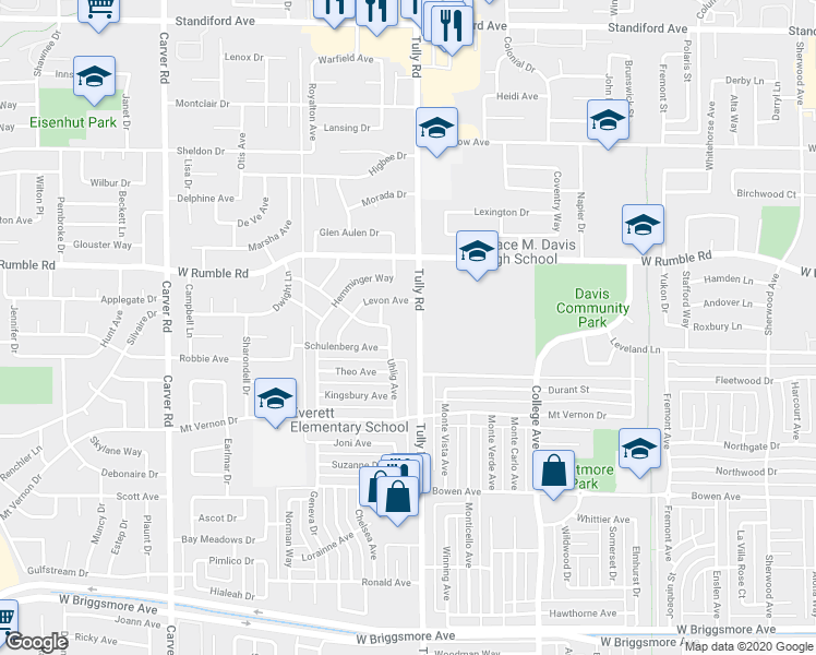 map of restaurants, bars, coffee shops, grocery stores, and more near in Modesto