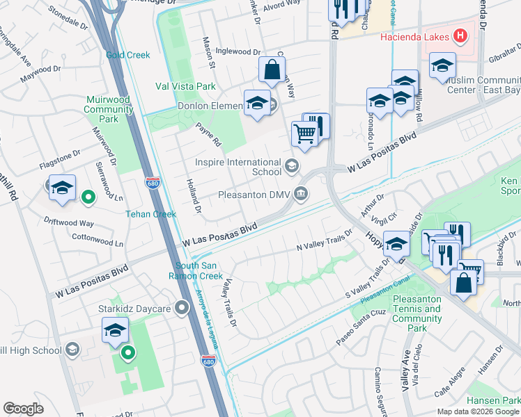 map of restaurants, bars, coffee shops, grocery stores, and more near 3928 Empire Court in Pleasanton