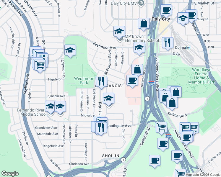 map of restaurants, bars, coffee shops, grocery stores, and more near 315 Saint Francis Boulevard in Daly City