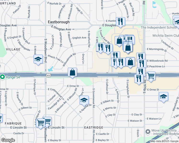 map of restaurants, bars, coffee shops, grocery stores, and more near 7202 East Kellogg Drive in Wichita