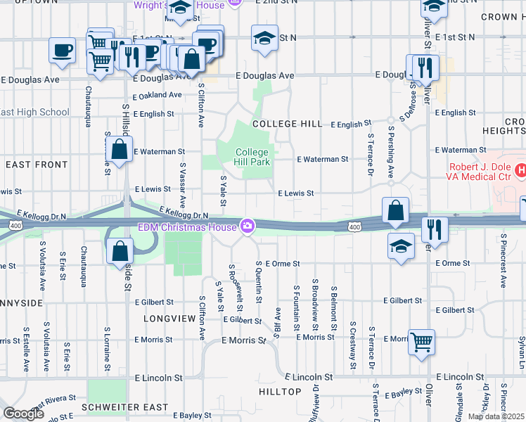 map of restaurants, bars, coffee shops, grocery stores, and more near 420-430 South Bluff Street in Wichita