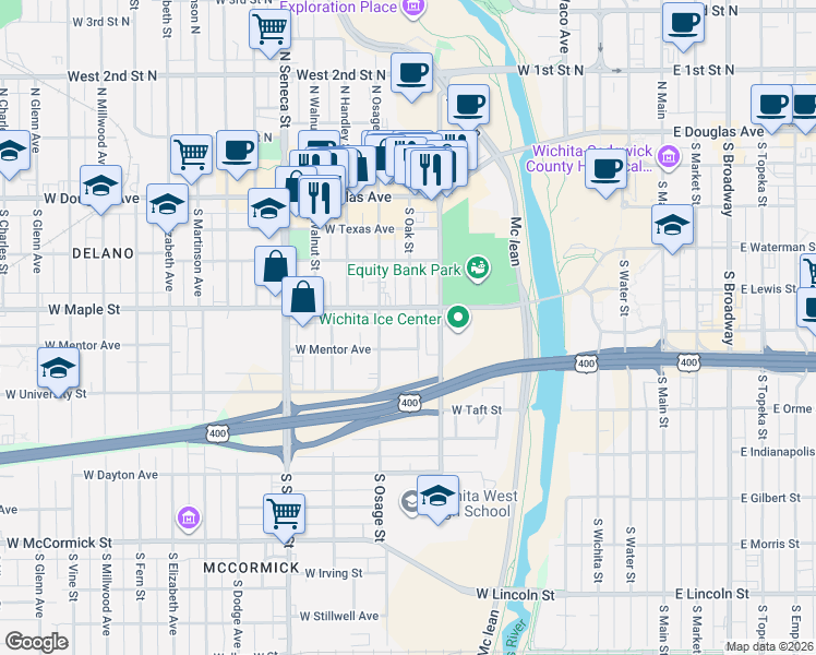 map of restaurants, bars, coffee shops, grocery stores, and more near 711 West Maple Street in Wichita