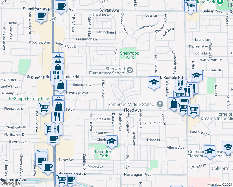 map of restaurants, bars, coffee shops, grocery stores, and more near 2716 Westchester Lane in Modesto