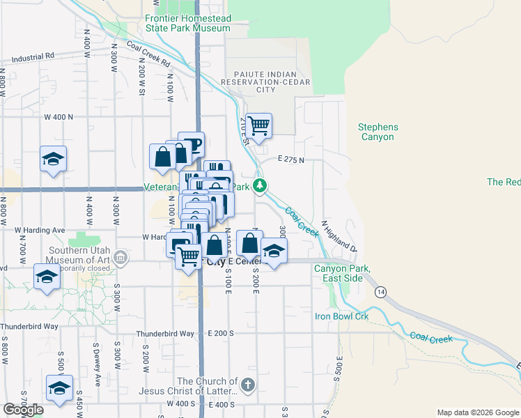 map of restaurants, bars, coffee shops, grocery stores, and more near 144 North 200 East in Cedar City