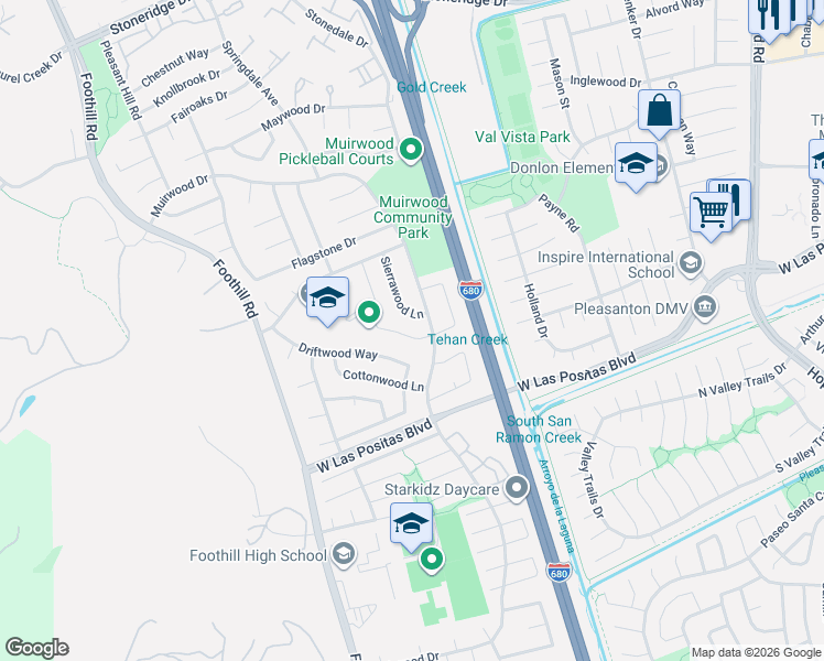map of restaurants, bars, coffee shops, grocery stores, and more near 4431 Sandalwood Drive in Pleasanton
