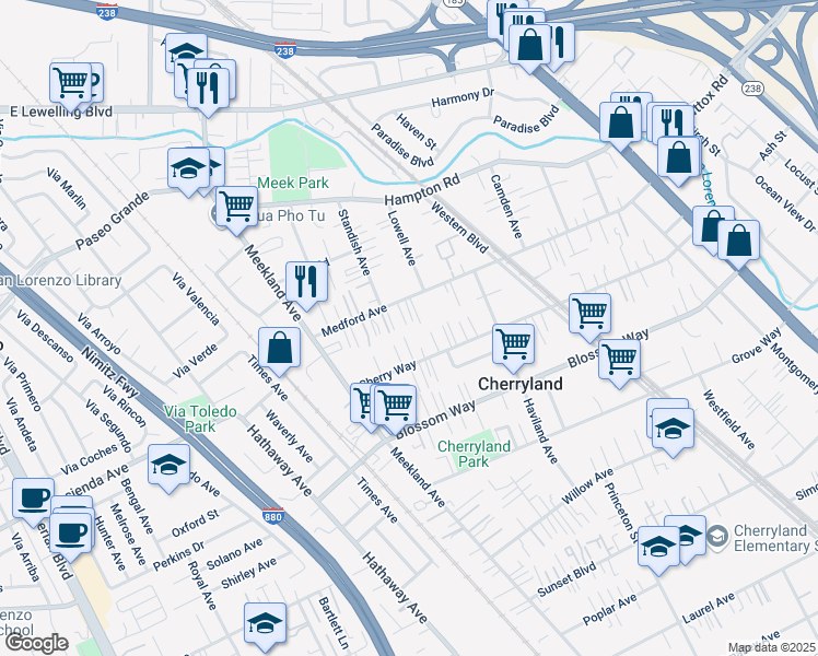 map of restaurants, bars, coffee shops, grocery stores, and more near 241 Medford Avenue in Hayward