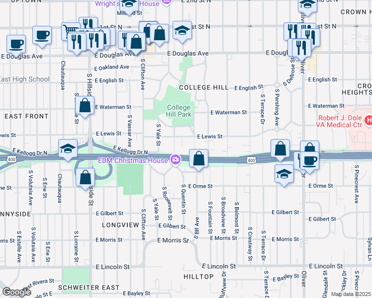 map of restaurants, bars, coffee shops, grocery stores, and more near 420-430 South Bluff Street in Wichita