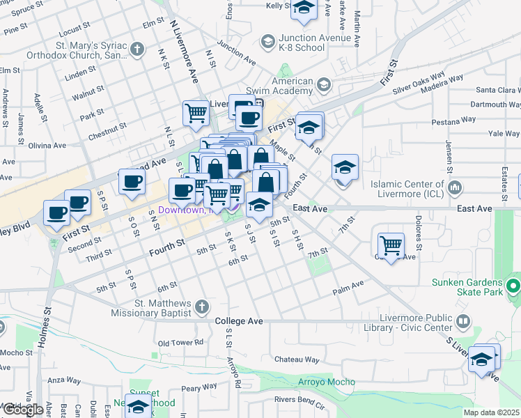 map of restaurants, bars, coffee shops, grocery stores, and more near 383 South I Street in Livermore