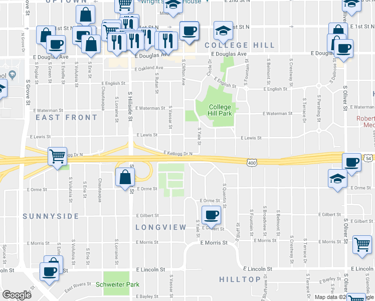 map of restaurants, bars, coffee shops, grocery stores, and more near 426 South Clifton Avenue in Wichita