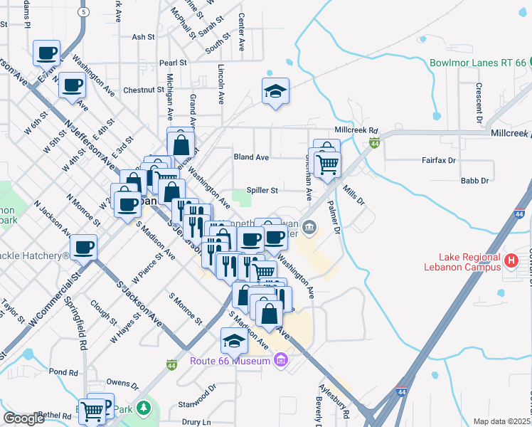 map of restaurants, bars, coffee shops, grocery stores, and more near 371 Oak Street in Lebanon