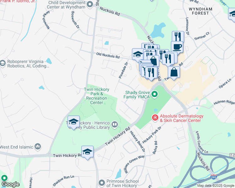 map of restaurants, bars, coffee shops, grocery stores, and more near 11401 Pinedale Drive in Glen Allen