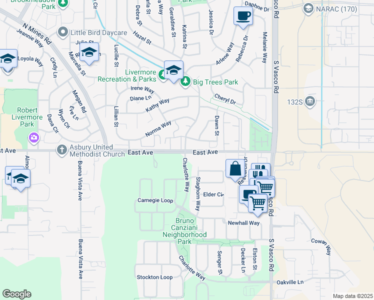 map of restaurants, bars, coffee shops, grocery stores, and more near South Livermore Avenue in Livermore