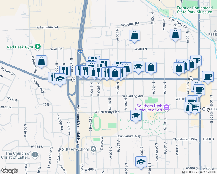 map of restaurants, bars, coffee shops, grocery stores, and more near 160 North 900 West in Cedar City