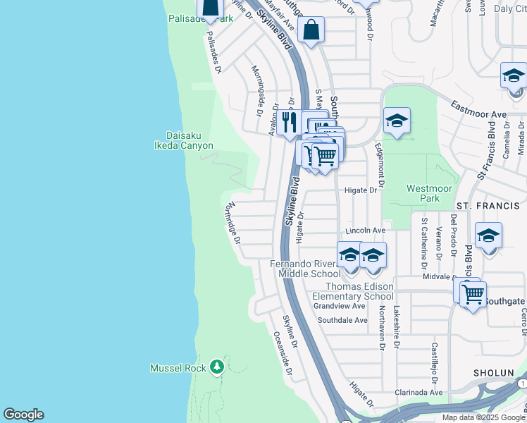 map of restaurants, bars, coffee shops, grocery stores, and more near 30 Carmel Ave in Daly City