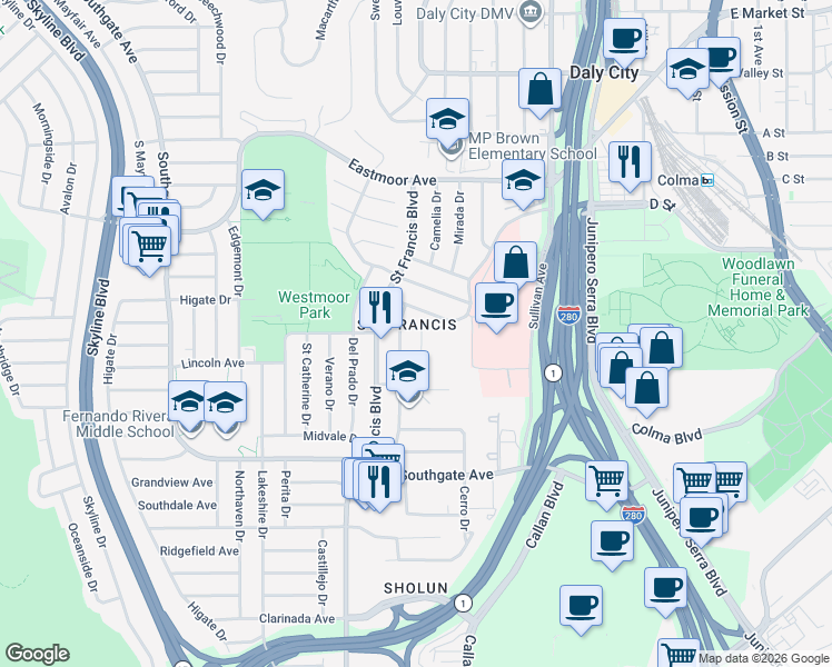 map of restaurants, bars, coffee shops, grocery stores, and more near 315 Saint Francis Boulevard in Daly City