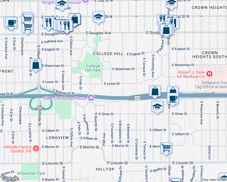 map of restaurants, bars, coffee shops, grocery stores, and more near 428 South Fountain Street in Wichita