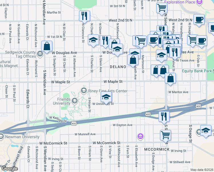 map of restaurants, bars, coffee shops, grocery stores, and more near 421 South Vine Street in Wichita