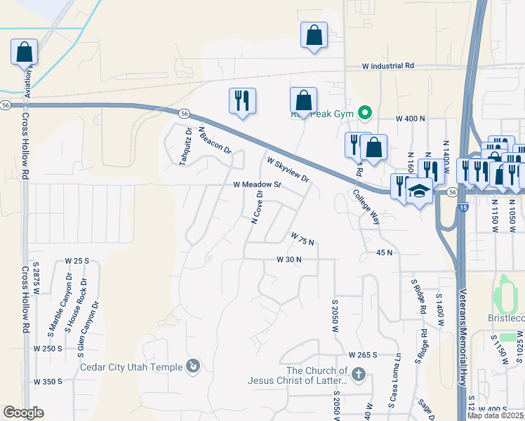 map of restaurants, bars, coffee shops, grocery stores, and more near 152 North Cove Drive in Cedar City