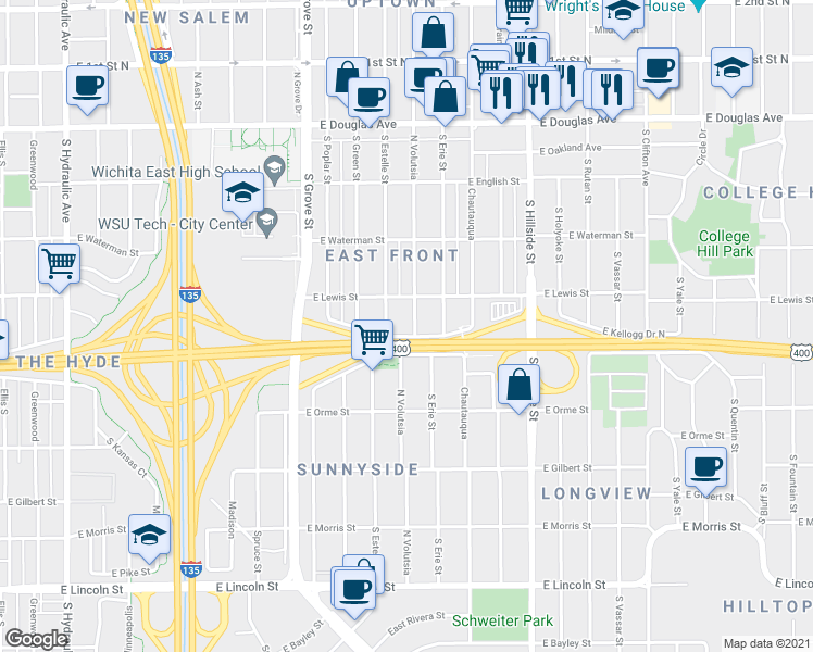 map of restaurants, bars, coffee shops, grocery stores, and more near 427 S Volutsia St in Wichita