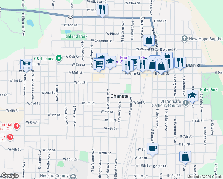 map of restaurants, bars, coffee shops, grocery stores, and more near 100-198 S Garfield Ave in Chanute