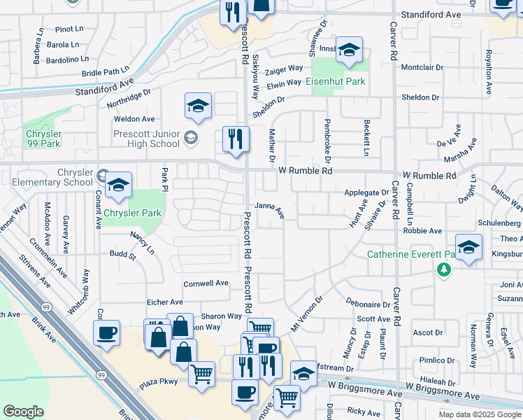 map of restaurants, bars, coffee shops, grocery stores, and more near 2616 Chester Drive in Modesto