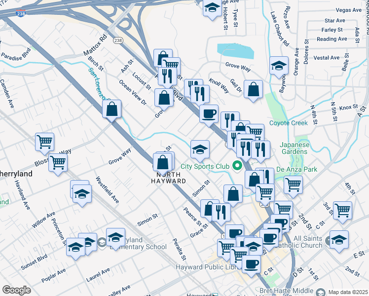 map of restaurants, bars, coffee shops, grocery stores, and more near 21866 Main Street in Hayward