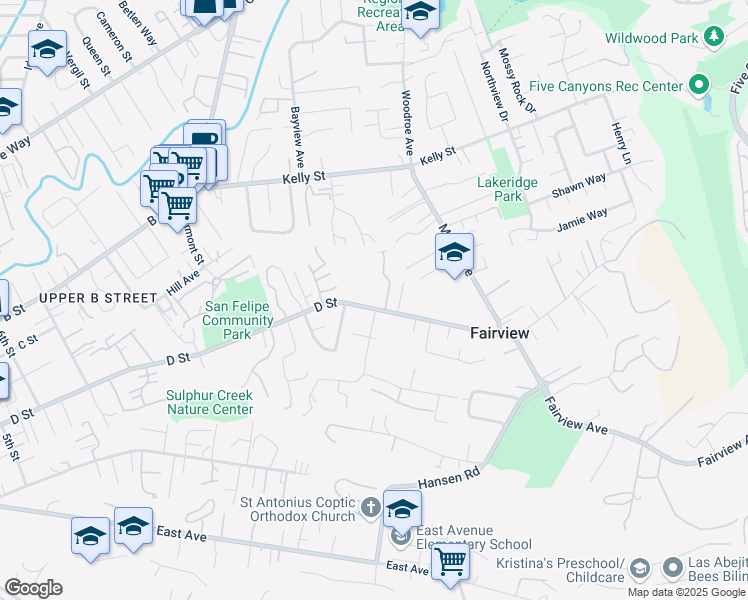 map of restaurants, bars, coffee shops, grocery stores, and more near 2492 D Street in Hayward