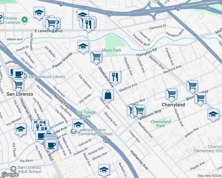 map of restaurants, bars, coffee shops, grocery stores, and more near 18959 Meekland Ave in Hayward