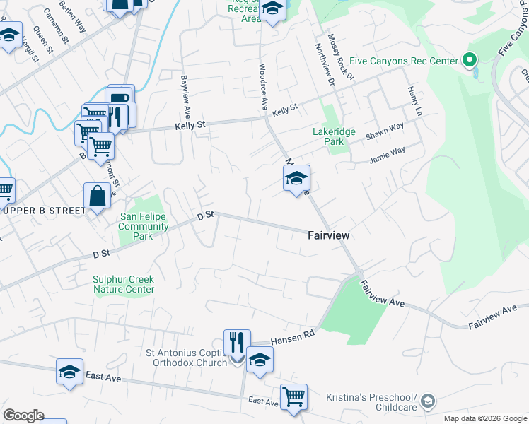 map of restaurants, bars, coffee shops, grocery stores, and more near 23730 Stratton Court in Hayward