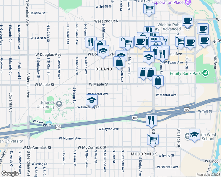 map of restaurants, bars, coffee shops, grocery stores, and more near 427 S Fern St in Wichita