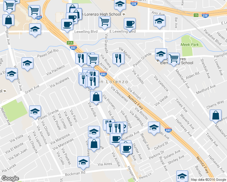 map of restaurants, bars, coffee shops, grocery stores, and more near 16043 Via Descanso in San Lorenzo