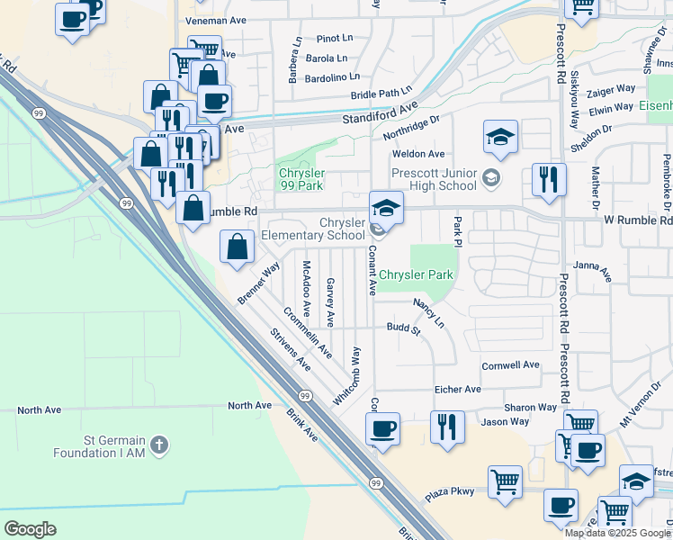 map of restaurants, bars, coffee shops, grocery stores, and more near 2712 Garvey Avenue in Modesto