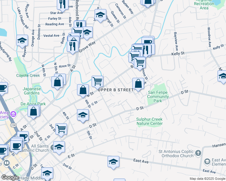 map of restaurants, bars, coffee shops, grocery stores, and more near 22742 Zaballos Court in Hayward